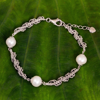 Cultured pearl beaded bracelet, 'White Jasmine Trio' - Thai Handcrafted Cultured Pearl and Sterling Silver Bracelet