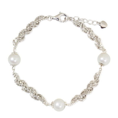 Cultured pearl beaded bracelet, 'White Jasmine Trio' - Thai Handcrafted Cultured Pearl and Sterling Silver Bracelet