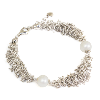 Cultured pearl beaded bracelet, 'White Coral Reef' - Handcrafted Thai Sterling Silver Bracelet & Cultured Pearls