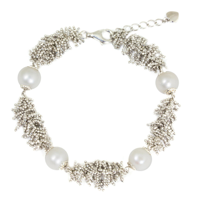 Cultured pearl beaded bracelet, 'Coral Reef Treasures' - WHite Pearl and Sterling Silver Handcrafted Bracelet