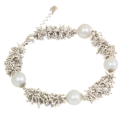 Cultured pearl beaded bracelet, 'Coral Reef Treasures' - WHite Pearl and Sterling Silver Handcrafted Bracelet