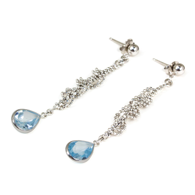 Blue topaz dangle earrings, 'Blue Rose Teardrop' - Sterling Silver Ball Chain and Blue Topaz Dangle Earrings