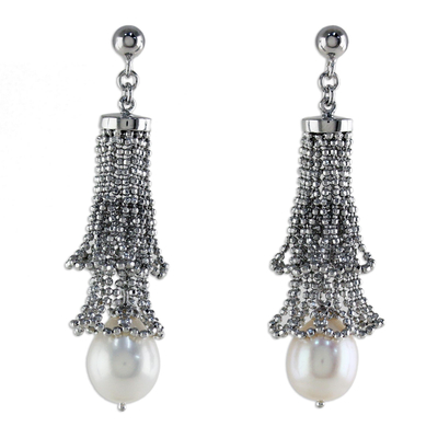 Cultured pearl chandelier earrings, 'Lily Petals' - Cultured Pearl and Sterling Silver Earrings from Thailand