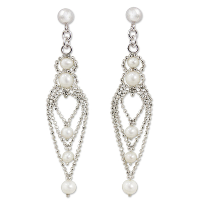 Cultured pearl chandelier earrings, 'Droplet Chandeliers' - Handcrafted Cultured Pearl Chandelier Earrings from Thailand