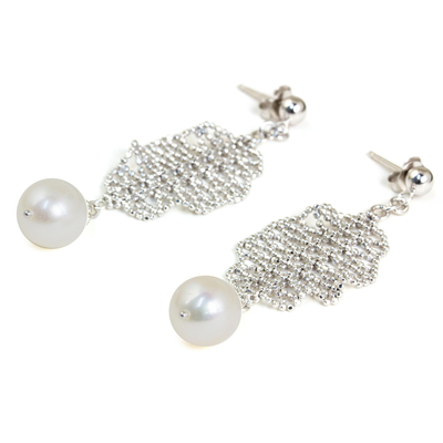 Cultured pearl chandelier earrings, 'Webbed Chandeliers' - Cultured Pearl Chandelier Earrings Handcrafted in Thailand