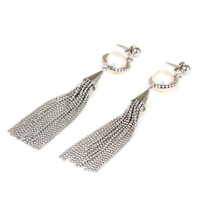 Cultured pearl waterfall earrings, 'Rainfall Chandeliers' - Cultured Pearl Handcrafted  Waterfall Earrings from Thailand