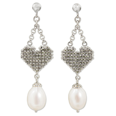 Cultured pearl chandelier earrings, 'Heart Chandeliers' - Cultured Pearl Chandelier Heart Earrings from Thailand