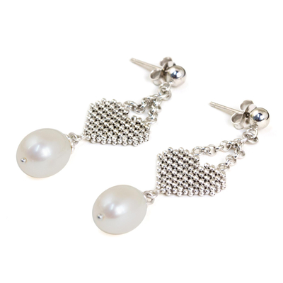 Cultured pearl chandelier earrings, 'Heart Chandeliers' - Cultured Pearl Chandelier Heart Earrings from Thailand