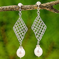 Cultured pearl chandelier earrings, 'Diamond Chandeliers' - Cultured Pearl Diamond Shape Chandelier Earrings Thailand