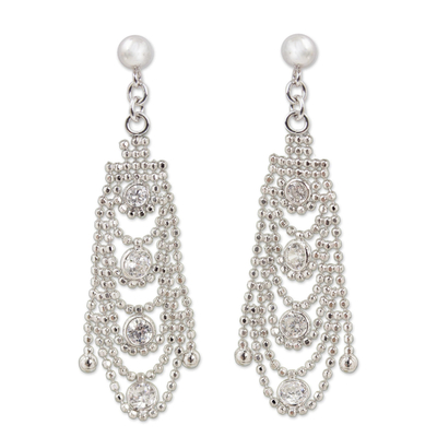 Sterling silver chandelier earrings, 'Glistening Chandeliers' - Cubic Zirconia Chandelier Post Earrings from Thailand
