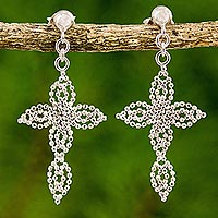 Sterling silver dangle earrings, 'Dazzling Crosses' - Cross Theme Sterling Silver Dangle Earrings from Thailand