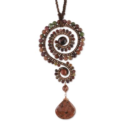 Jasper and tiger's eye pendant necklace, 'Bohemian Spiral' - Handmade Jasper and Tiger's Eye Pendant Necklace