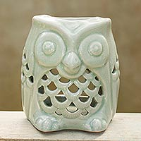 Ceramic oil warmer, 'Cozy Owl in Green' - Artisan Crafted Ceramic Owl Oil Warmer from Thailand