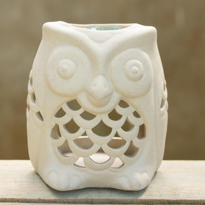 Ceramic oil warmer, 'Cozy Owl' - Hand-Crafted Thai Unglazed Ceramic Clay Owl Oil Warmer