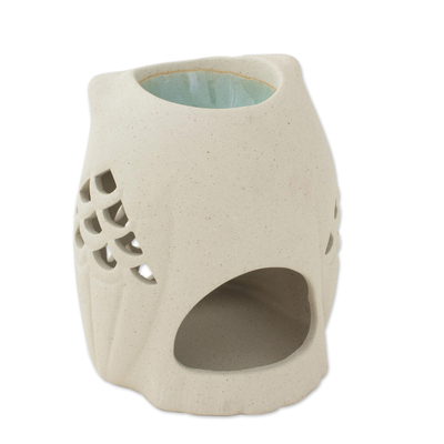 Ceramic oil warmer, 'Cozy Owl' - Hand-Crafted Thai Unglazed Ceramic Clay Owl Oil Warmer