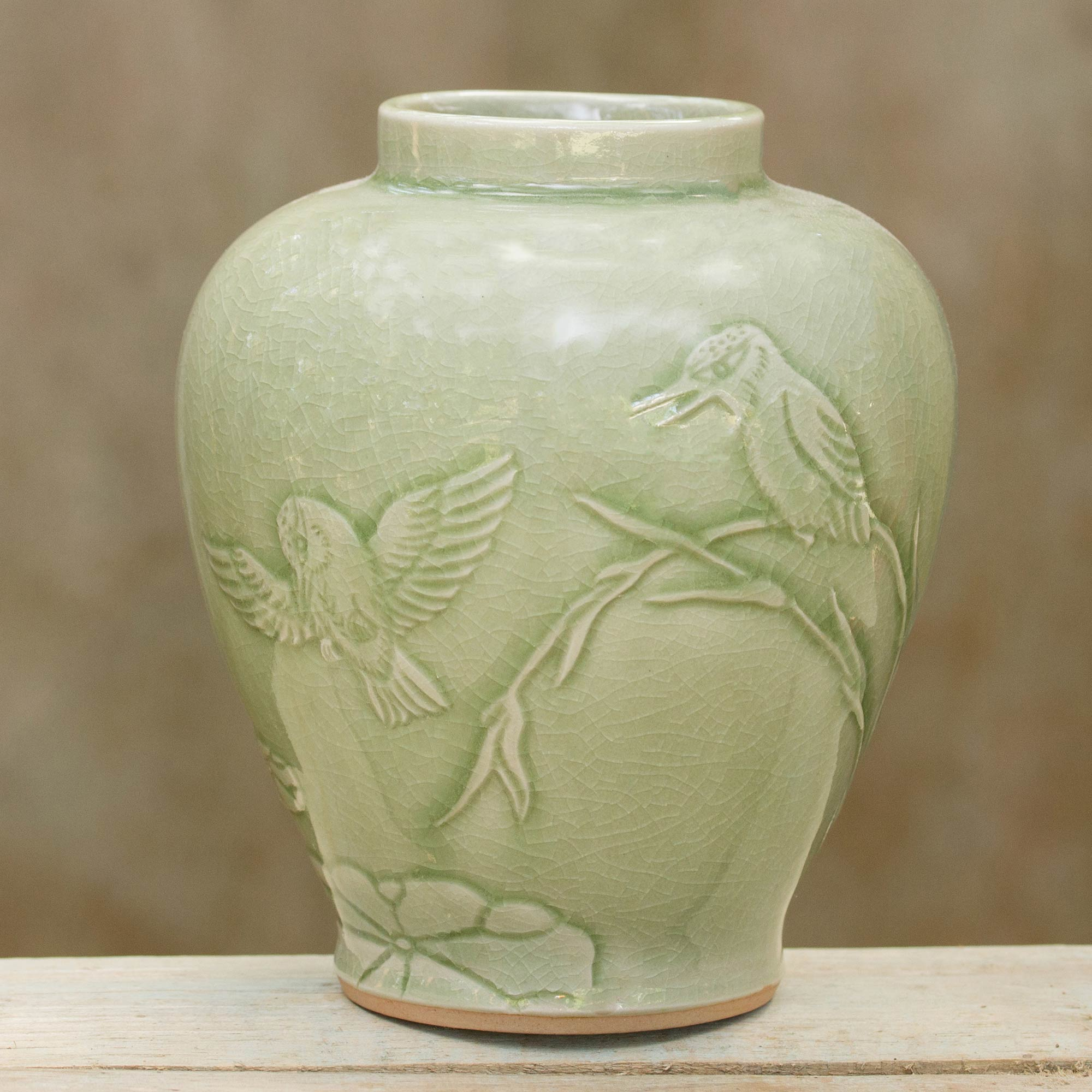 Artisan Crafted Ceramic Vase With Bird Motif From Thailand