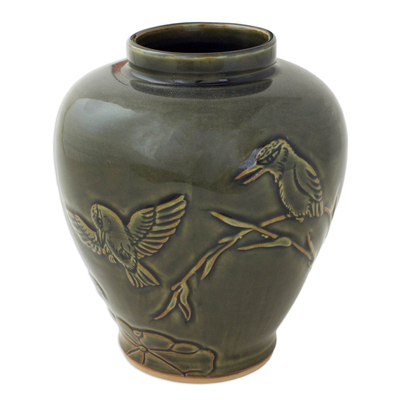 Thai Hand Crafted Green Ceramic Vase with Bird Motif