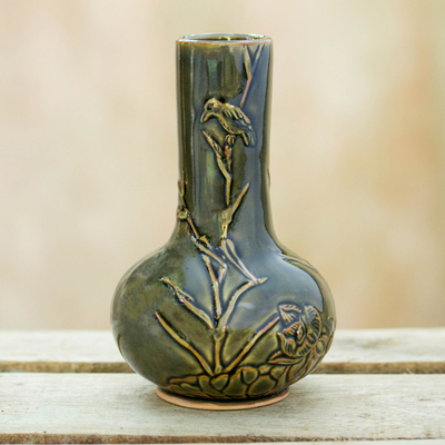 Ceramic vase, 'Serenity' - Handmade Green Ceramic Vase with Bird and Floral Motif