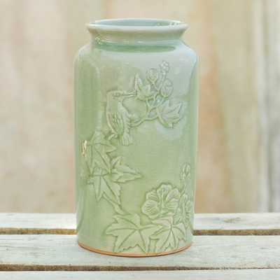 Celadon ceramic vase, 'Natural Glory' - Artisan Crafted Nature Inspired Green Ceramic Vase