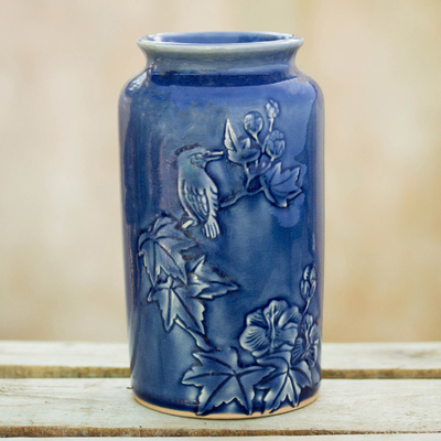 Keramikvase - Thailändisch handgefertigte blaue Keramikvase mit Vogelmotiv