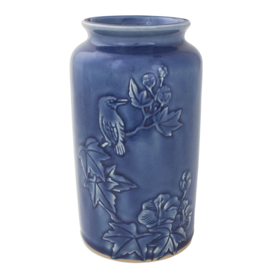 Keramikvase - Thailändisch handgefertigte blaue Keramikvase mit Vogelmotiv