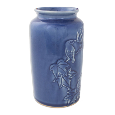 Ceramic vase, 'Peaceful in Blue' - Thai Artisan Crafted Blue Ceramic Vase with Bird Motif