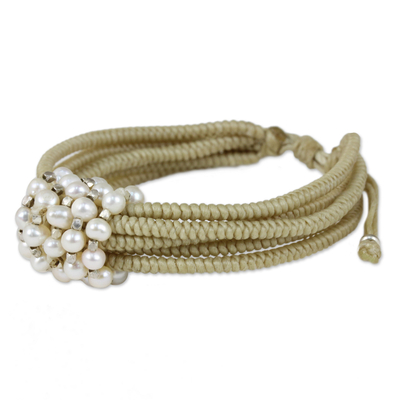 Cultured pearl wristband bracelet, 'All My Love in Beige' - Thai Beige Wristband Bracelet with Cultured Pearls