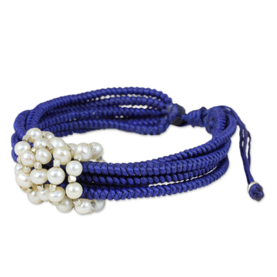 Cultured pearl wristband bracelet, 'All My Love in Royal Blue' - Royal Blue Thai Wristband Bracelet with Cultured Pearls