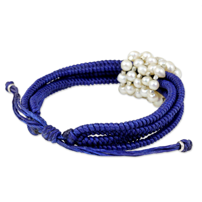 Cultured pearl wristband bracelet, 'All My Love in Royal Blue' - Royal Blue Thai Wristband Bracelet with Cultured Pearls