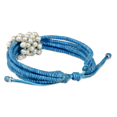 Cultured pearl wristband bracelet, 'All My Love in Sky Blue' - Sky Blue Cord Bracelet with Cultured Pearls from Thailand