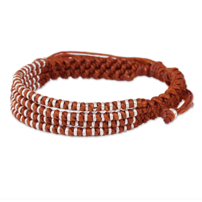 Silver accent wristband bracelet, 'Ginger Chiang Mai Quartet - Ginger-Orange Macrame Bracelet with Hill Tribe Silver Beads