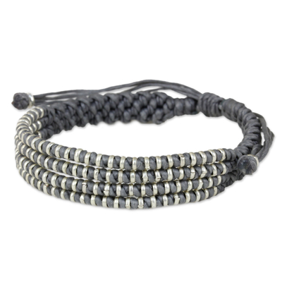 Silver accent wristband bracelet, 'Misty Chiang Mai Quartet' - Macrame Bracelet with Silver in Misty Light Grey
