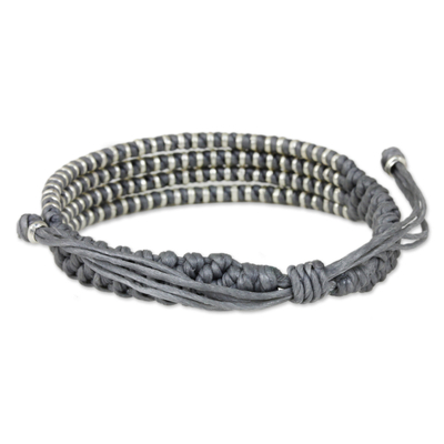 Silver accent wristband bracelet, 'Misty Chiang Mai Quartet' - Macrame Bracelet with Silver in Misty Light Grey