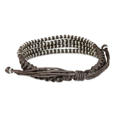 Silver accent wristband bracelet, 'Grey Chiang Mai Quartet' - Hand Knotted Grey Cord Bracelet with Silver Accents