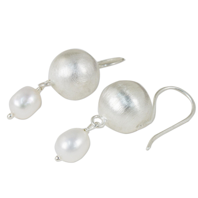 Cultured pearl and sterling silver dangle earrings, 'Luminous Spheres' - Handmade Cultured Pearl and Sterling Silver Dangle Earrings