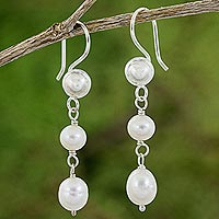 Cultured pearl and sterling silver dangle earrings, 'Pearl Cascade'