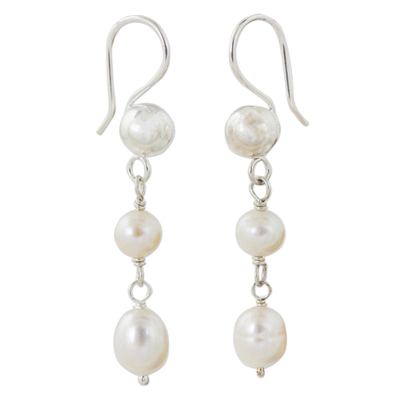 Cultured pearl and sterling silver dangle earrings, 'Pearl Cascade' - Artisan Crafted Sterling Silver and Cultured Pearl Earrings