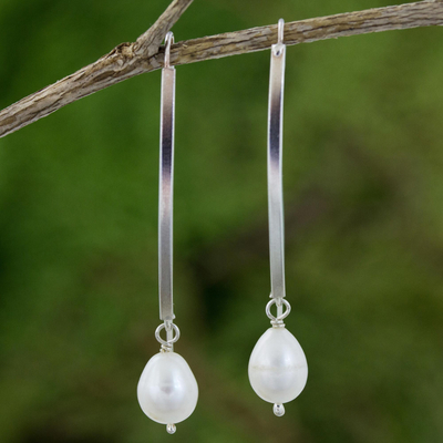 Cultured pearl and sterling silver dangle earrings, 'Stunning Radiance' - Handmade Cultured Pearl and Sterling Silver Dangle Earrings