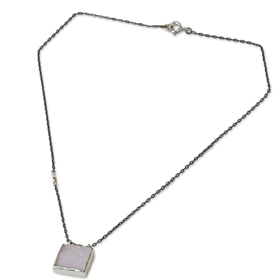 Drusy agate pendant necklace, 'Shimmering Sky' - Drusy Pendant Necklace with Pearl and Gold Accents