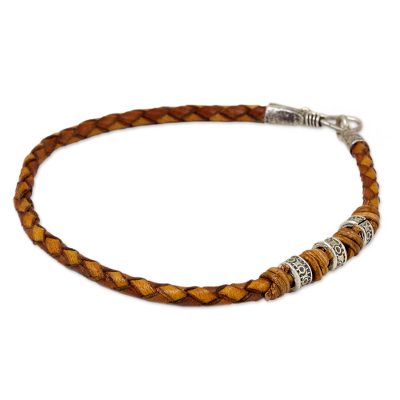Men's braided leather bracelet, 'Walk the Russet Path' - Men's Braided Leather Bracelet with Hill Tribe Silver