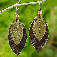 Carnelian and leather dangle earrings, 'Leafy Traditions' - Artisan Crafted Carnelian and Leather Dangle Earrings