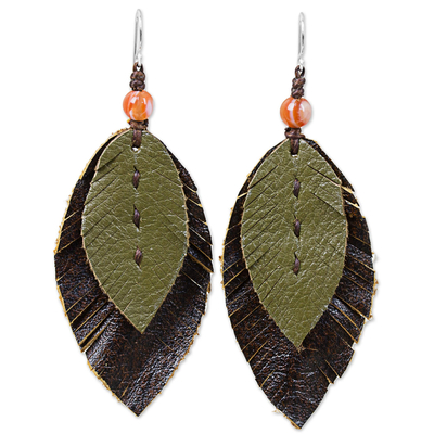 Carnelian and leather dangle earrings, 'Leafy Traditions' - Artisan Crafted Carnelian and Leather Dangle Earrings