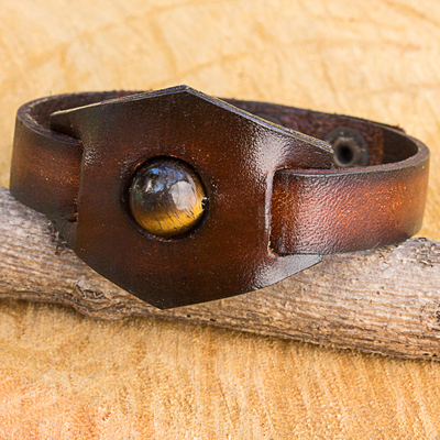 Tiger's eye and leather band band bracelet, 'Earthy Essence' - Artisan Crafted Tiger's Eye and Leather Band Bracelet