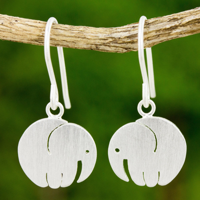 Sterling silver dangle earrings, 'Little Round Elephant' - Satin Finish Thai Sterling Silver Elephant Earrings