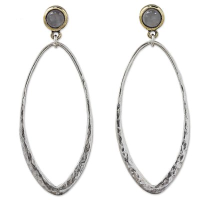 Gold accent moonstone dangle earrings, 'Brushed Tear' - Thai Sterling Silver Gold Accent Earrings with Moonstone