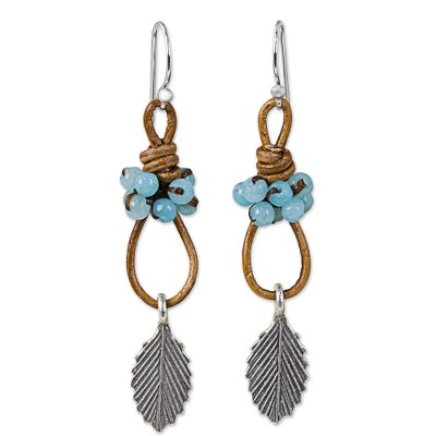 Silver, quartz, and leather dangle earrings, 'Wind Breeze in Blue' - Blue Quartz and Silver Dangle Earrings with Leaf Motif
