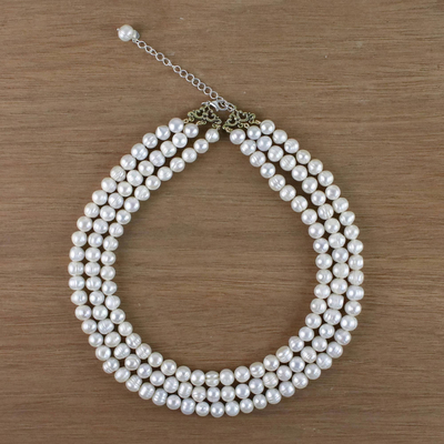 Cultured pearl strand necklace, 'Triple White Halo' - Artisan Crafted Thai Triple White Pearl Strand Necklace