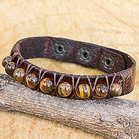 Tiger's eye and leather band bracelet, 'Rock Walk'
