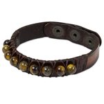 Tiger's eye and leather band bracelet, 'Rock Walk' - Handmade Tiger's Eye and Leather Band Bracelet from Thailand