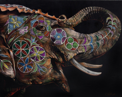 'Happy Hours II' (2015) - Original Signed Painting of Elephant in Acrylics and Pastel